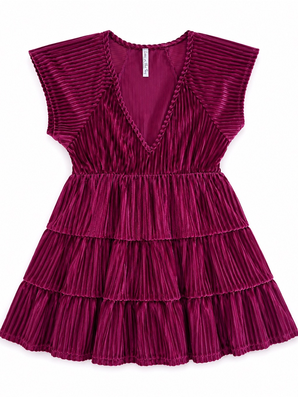 Lucy in the Sky Pleated Velvet Tiered Mini Dress in Burgundy size S